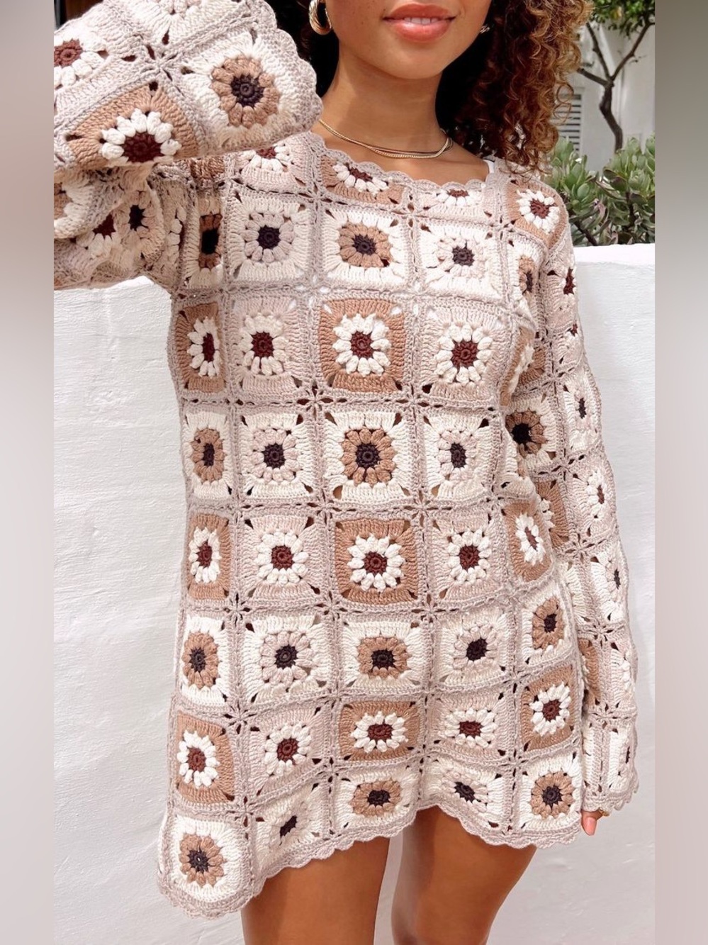 Show Me Your MuMu Crochet Square Floral Mini Coverup in Cream and Brown Large